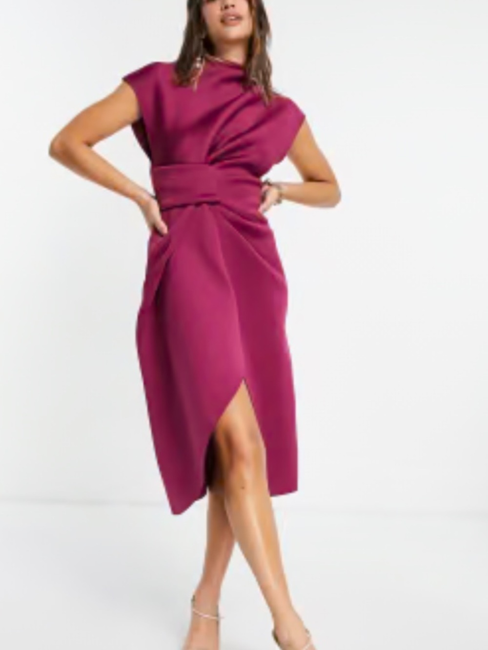 ASOS Magenta Fitted Midi Dress with Waistband and Front Slit